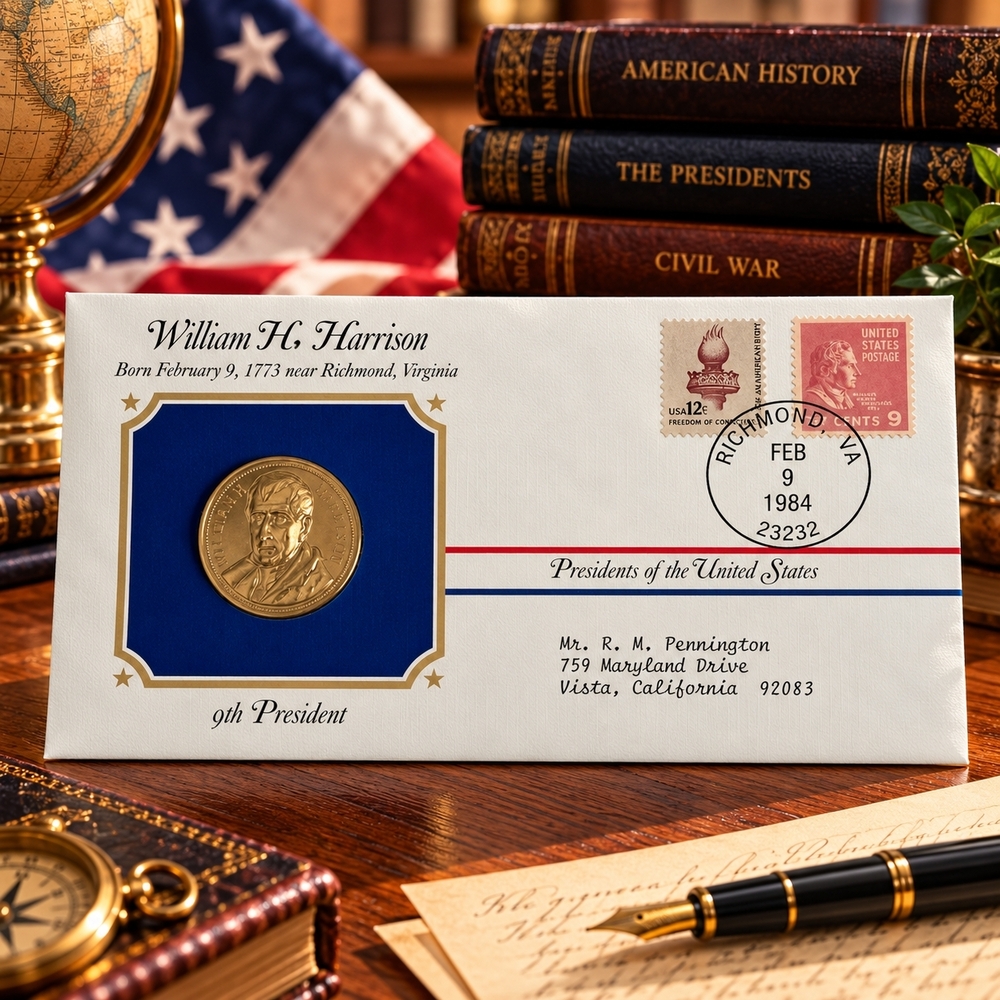 William H. Harrison 9th President Postal Commemorative Society Gold Medal Cover